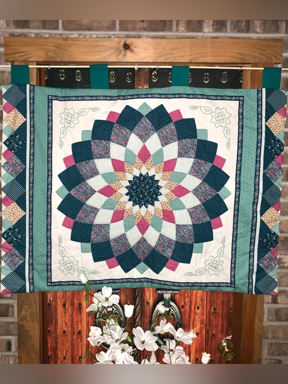 Vintage Handmade Quilted Wall Hanging - Giant Dahlia Medallion Pattern